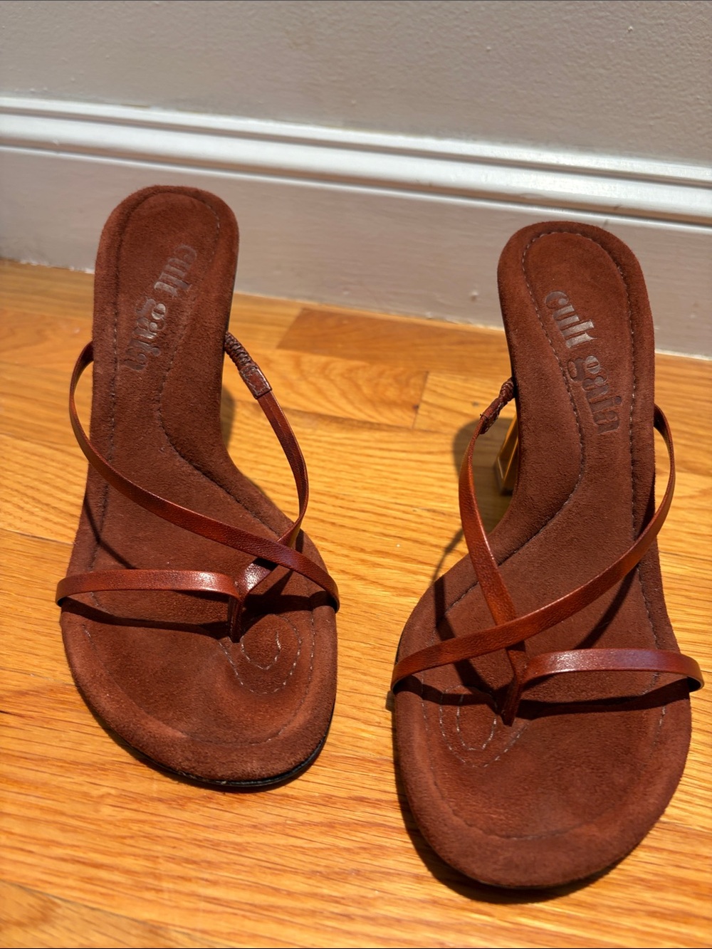 cult gaia Brown Strappy Mule - gold heel